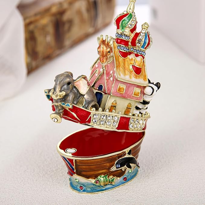 Hand Painted Animal Trinket Box for Home Decor, Hinged Jewelry Organizer Storage, Unique Personalized Collectible Keepsake Figurine Handmade Decorative Ornament Gifts (Noah's Ark)