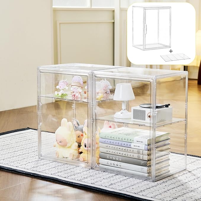 Acrylic Display Case, 2 Tier Clear Plastic Stackable Storage Bins with Magnetic Lids, Figure Display Case for Collectibles Cosmetic Acrylic Box, 2 Pack LXLXXL