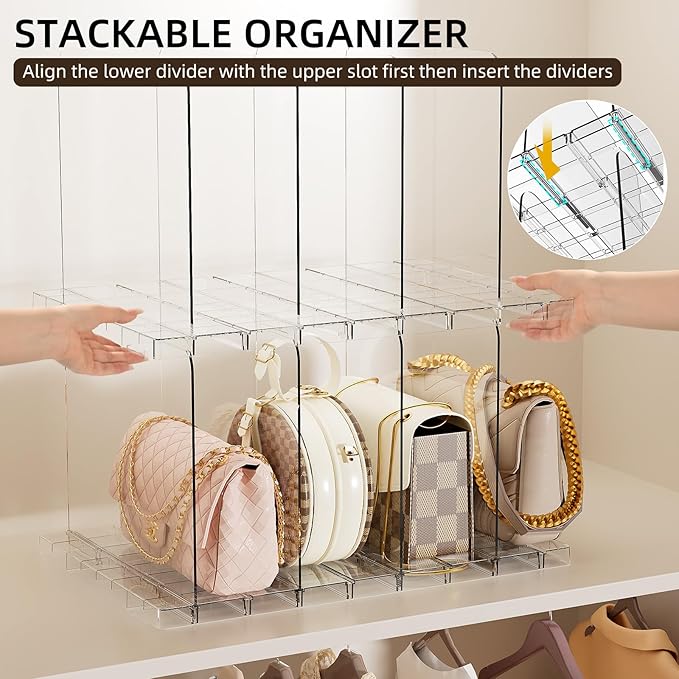 JOYZAN Stackable Purse Organizer for Closet, Adjustable Shelf Dividers for Closet Organizer Clear Acrylic Closet Purse Organizer Detachable Handbag Storage Separator Dividers for Home, Office - 4 Pack