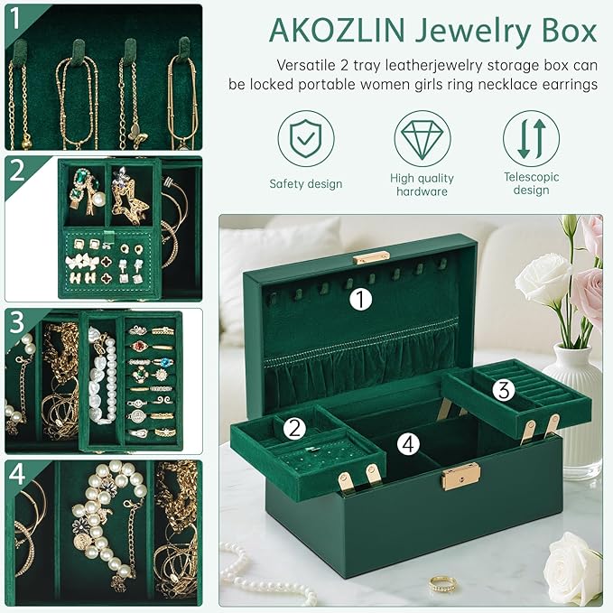 AKOZLIN Travel Jewelry Box Organizer Functional 2-trays Leather Jewelry Storage Case with Lockable Portable for Women Girls Ring Necklace Earring Bracelet