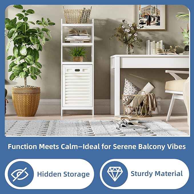 HITNET Bamboo Tilt Out Hamper, 10 Gal Bathroom Laundry Cabinet with Hidden Foldable Basket, Freestanding Clothes Storage Organizer with Storage Shelf, White