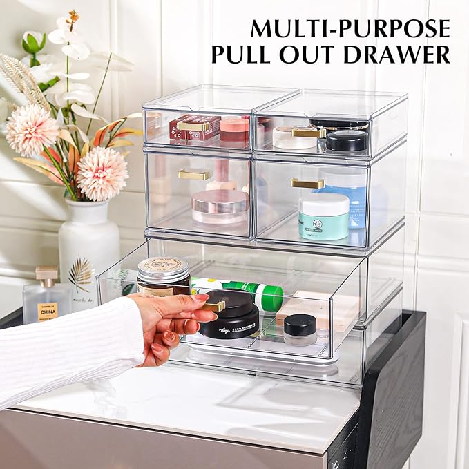 LALOBLUE Stackable Storage Drawers, 6 Pack Clear Acrylic Organizer Bins with Golden Handles, Multi-Size Plastic Drawers for Makeup, Vanity, Kitchen, Bathroom, Office, Pantry Organization and Storage