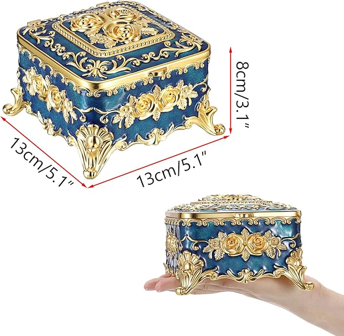 Hipiwe Metal Jewelry Box Decorative Trinket Chest Rectangular Treasure Display Case Keepsake Organizer for Earrings Ring Holder, Blue, 5.1" L x 5.1" W x 3.1" H