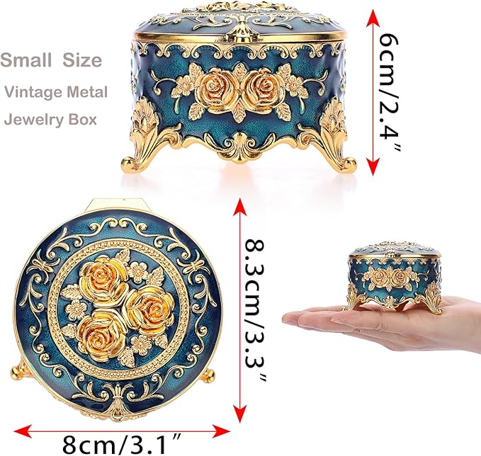 Hipiwe Antique Metal Jewelry Box Ring Earring Treasure Chest Case Small Trinket Box Round Jewelry Display Box Necklace Organizer Wedding Birthday Gift Home Decor, 3x3x2.4 inch