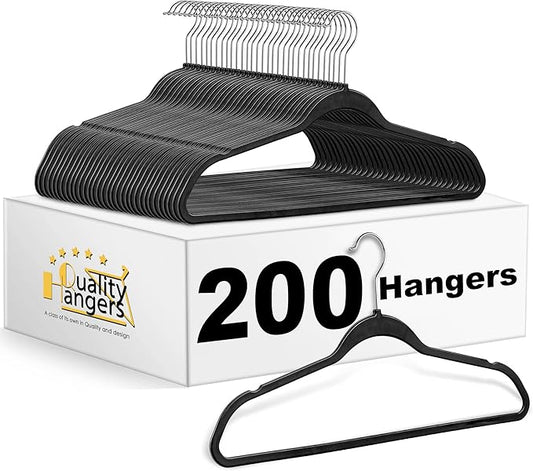 Quality Hangers 200 Pack Plastic Hangers for Clothes - Slim Non-Velvet Hangers with 360° Swivel Chrome Hook & Non Slip Notches - Ideal for Dresses Coats Shirts Jackets & More - Black
