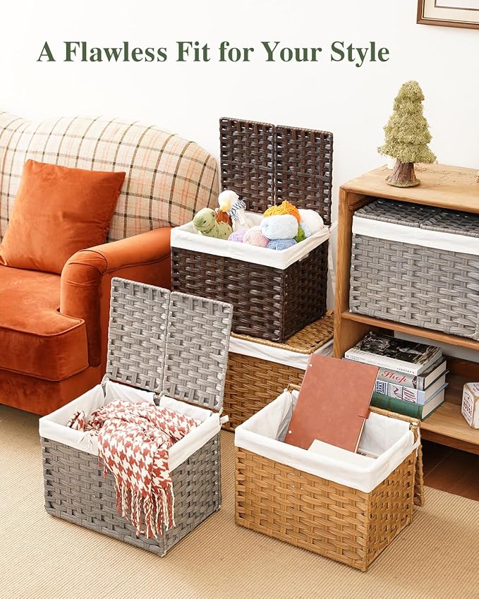 SETVSON Storage Basket with Lid Woven Wicker Baskets with 2 Separate Lid, 9.2 Gallon (35 L) Wicker Storage Bins with Handles, Foldable and 2 Removable Liner Bags for Bedroom, Laundry Room Brown