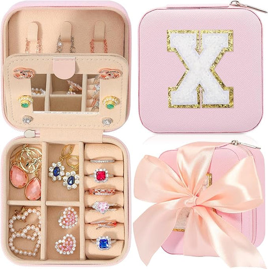 CHMI Travel Jewelry Case, Pink Travel Jewelry Box, Travel Jewelry Organizer, Travel Gifts for Women Girls, Jewelry Organizer Box, Birthday Gifts for Women, Christmas Gifts for Teens Girls - Initial X