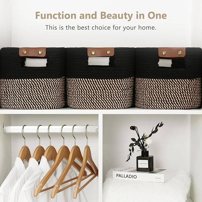 ECDYQXVU Cotton Rope Basket, Storage Baskets with Handle, 15x10x9 Inch Woven Basket for Shelves, Laundry, Towels, Clothes, Books, (Black Brown 3 Pack)