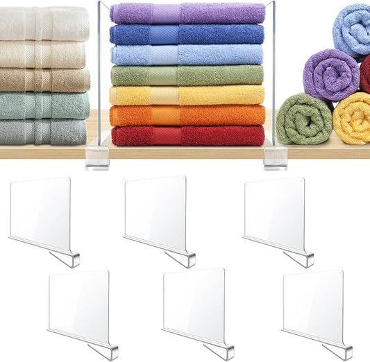 BAUMFEUER 6 Pack Clear Acrylic Shelf Dividers for Closet Shelf Organizer of Bedroom Kitchen Office Bathroom Organizer for Clothes Books Hats and Handbags