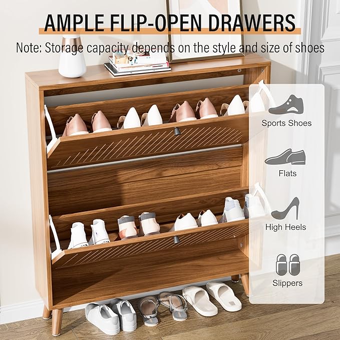 Fsbecl Shoe Storage Cabinet for Entryway with 2 Flip Drawers, Narrow Wood Shoe Cabinet with Fluted Panel, Freestanding Hidden Shoe Organizer for Foyer, Hallway (Walnut - No Shelf)