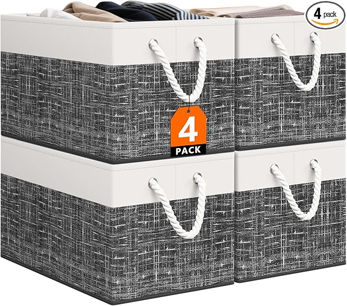 StorageTastic Storage Bin,Collapsible Storage Basket For Organizing,Large Storage Boxes With Rope Handles,Storage Containers,White & Black,4 Pack