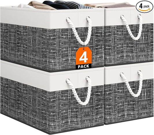 StorageTastic Storage Bin,Collapsible Storage Basket For Organizing,Large Storage Boxes With Rope Handles,Storage Containers,White & Black,4 Pack