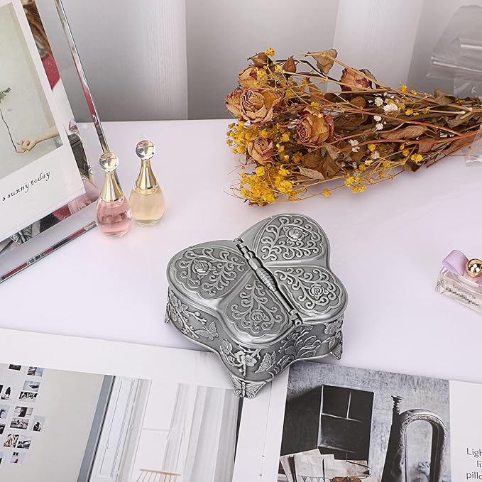 Hipiwe Vintage Metal Jewelry Box Butterfly Shape Trinket Box Decorative Metal Small Jewelry Storage Box for Rings Necklaces Earrings Organizer Keepsakes Box Gift for Women
