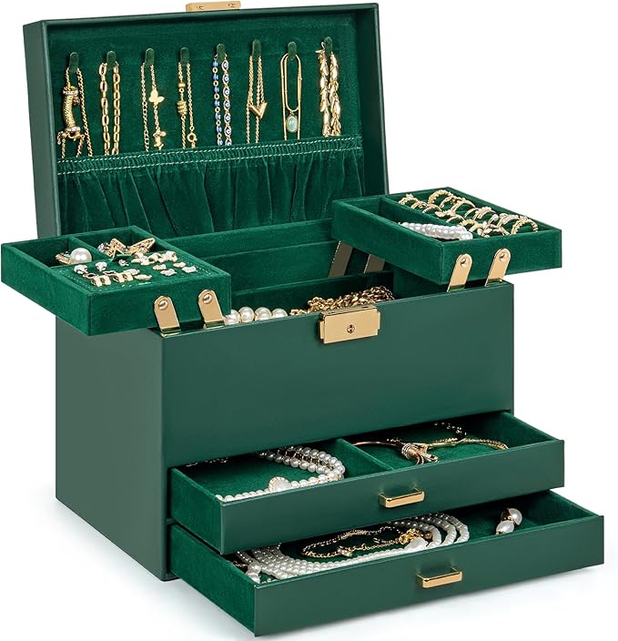 AKOZLIN Travel Jewelry Box Organizer Functional 2-trays Leather Jewelry Storage Case with Lockable Portable 2 Drawers for Women Girls Ring Necklace Earring Bracelet
