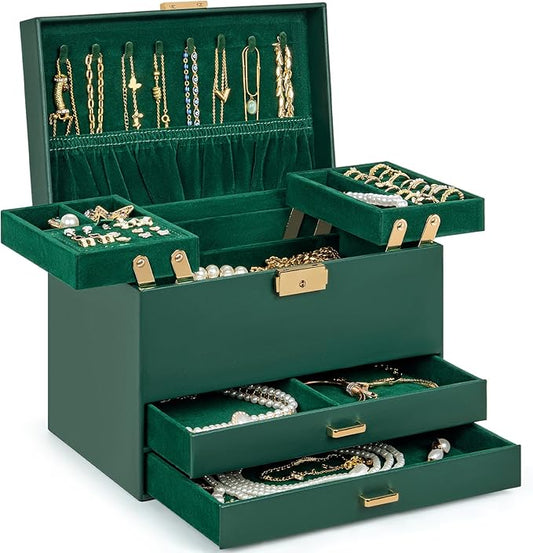 AKOZLIN Travel Jewelry Box Organizer Functional 2-trays Leather Jewelry Storage Case with Lockable Portable 2 Drawers for Women Girls Ring Necklace Earring Bracelet
