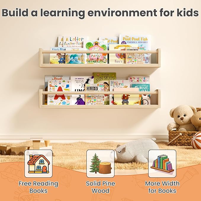 upsimples 2 Pack Nursery Book Shelves, 23.6 Inch Floating Bookshelves for Wall, Baby Nursery Decor, Small Solid Wood Wall Mounted Shelves for Baby Kids Boys Girls, Natural