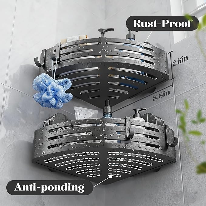 ONXE Suction Cup Shower Caddy,No Drilling Corner Shower Shelves Heavy Duty,Shower Organizer with Hooks,Rustproof Waterproof Space Aluminum Bathroom Storage,Home Accessories Decor