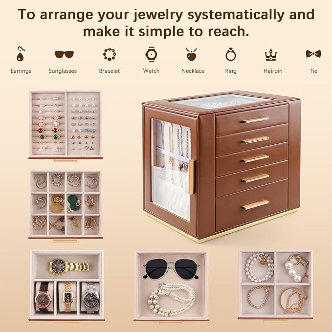 Homeanda Jewelry Box for Women with Glass Lid, 5 Drawers Jewelry Organizer and Storage for Necklaces, Rings, Earrings, Bracelets, Gift for Girls and Teens,PU Leather (Brown)