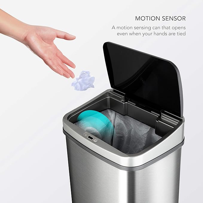 Ninestars DZT-50-28BR Automatic Touchless Motion Sensor Rectangular Trash Can, Black Top, 13 Gal. 49 L., Brush