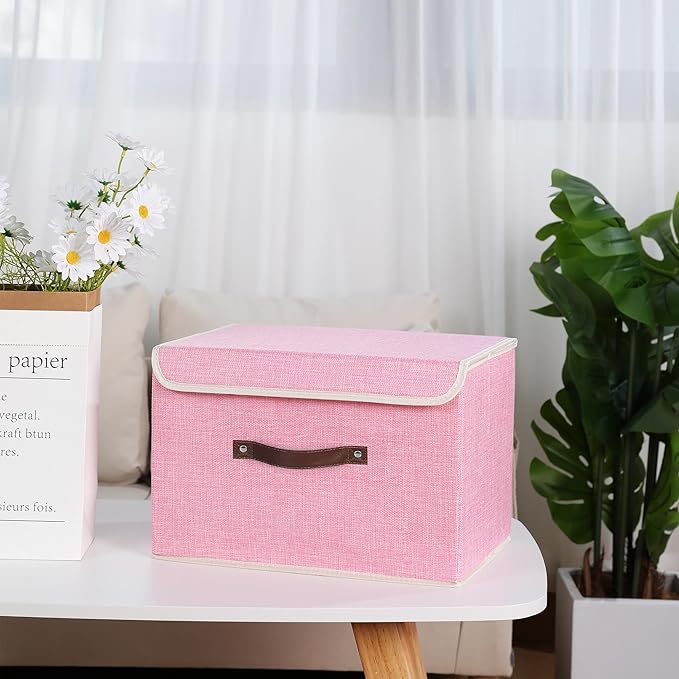 ANMINY 2PCS Storage Bin with Lid Storage Boxes with PU Leather Handles PP Plastic Board Decorative Foldable Lidded Cotton Linen Fabric Home Cubes Baskets Closet Organizer Container - Pink, Medium