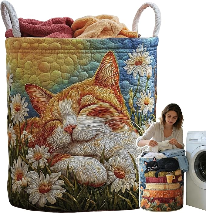 Cat Quilted Laundry Basket - 18"/22"/28", 2026 Large Quilted Cat Laundry Basket with Handles, Cozy Cat Fabric Storage Hamper for Nursery, Bedroom, Laundry Room, Clothes & Toys (8, S 14"X18")