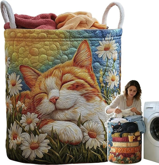Cat Quilted Laundry Basket - 18"/22"/28", 2026 Large Quilted Cat Laundry Basket with Handles, Cozy Cat Fabric Storage Hamper for Nursery, Bedroom, Laundry Room, Clothes & Toys (8, S 14"X18")