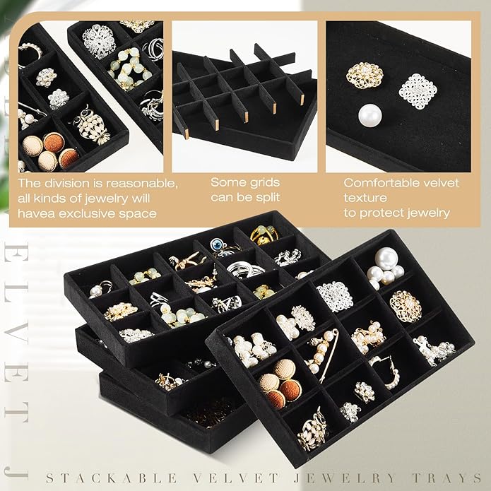Junkin 12 Pcs Jewelry Tray Velvet Stackable Jewelry Organizer Trays Divided Earring Accessories Storage Containers Box (Rose Red)