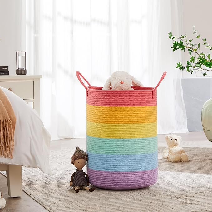 Rainbow 15"Dx20"H Baby Girls Kids Laundry Hamper Basket for Nursery Toddler Clothes Blanket Toy Storage Woven Rope Unicorn Hamper in Playroom Bedroom 60L Large