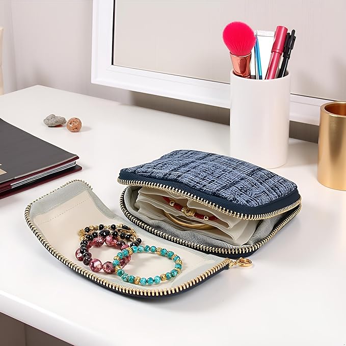 Small Travel Jewelry Case - Jewelry Travel Organizer Bag with Tassel Zipper for Bracelets, Necklaces, Bangles, Jewelry Organizer Storage Bag Gift for Women Girls - LJB002-Dark Blue