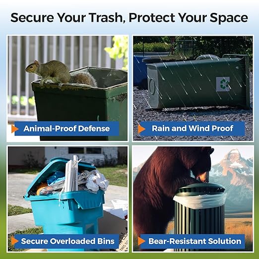 4PCS Bear Proof Trash Can Locks with Double Metal Claw - Adjustable Strap Garbage Can Locks for 28-96 Gallon Outdoor Bins, Animal Proof Against Raccoons