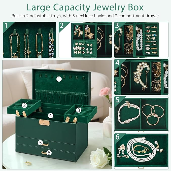 AKOZLIN Travel Jewelry Box Organizer Functional 2-trays Leather Jewelry Storage Case with Lockable Portable 2 Drawers for Women Girls Ring Necklace Earring Bracelet