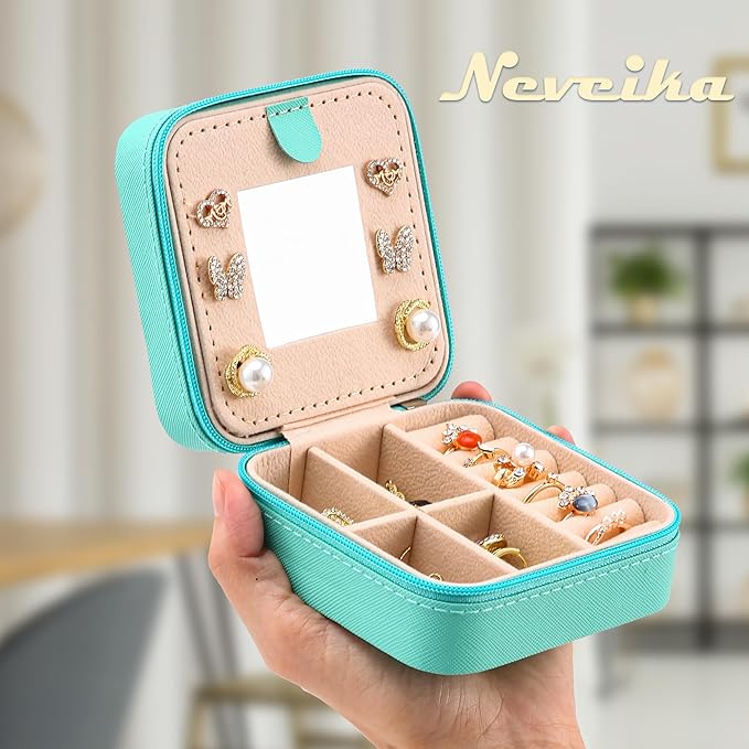 Neveika Jewelry Box with Mirror,Small Jewelry Organizer Box，Travel Jewelry Case for Women，Gift Jewelry Boxes for Female Girls (2pcs mirror blue)