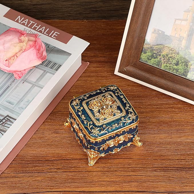 Hipiwe Vintage Metal Jewelry Box - Small Trinket Organizer Ring Box Case with Rose Pattern, Jewelry Storage Box for Ring Earrings Necklace, Keepsake Box for Women, 3"x3"x2.4"