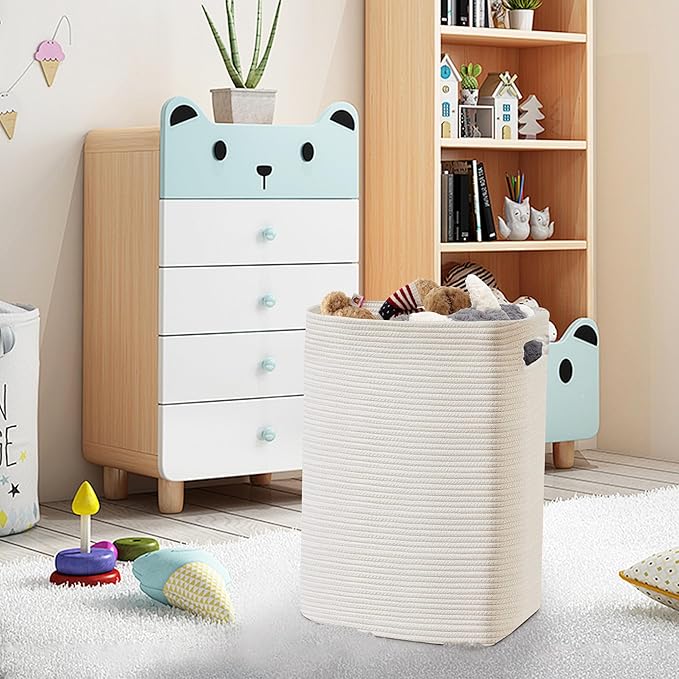 MEGASKET Large Laundry Hamper 16"x13"x22" - Tall Woven Laundry Basket, Cotton Rope Dirty Clothes Hamper, Baby Kids Nursery Wicker Laundry Basket, Bedroom Aesthetic, Soft Laundry Bin, White Hamper, 75L