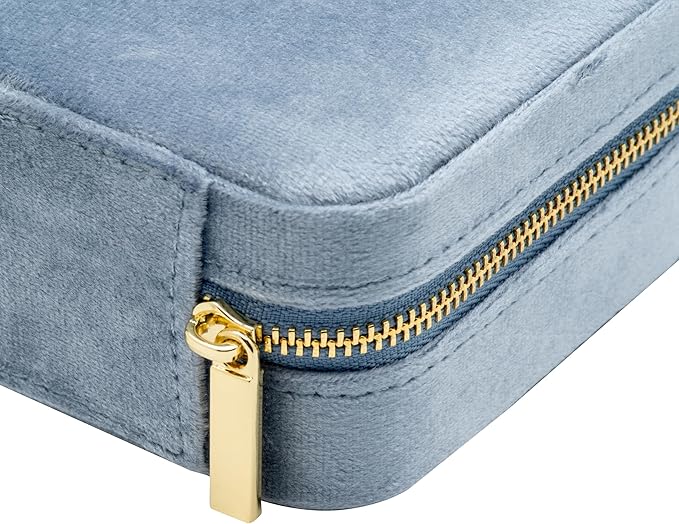 Velvet Multiple Square Ring Box Jewelry Organizer Display Tray with Zipper Around, Earring Holder Case for Wedding Birthday Christmas Valentine Day (Light Ocean Blue)