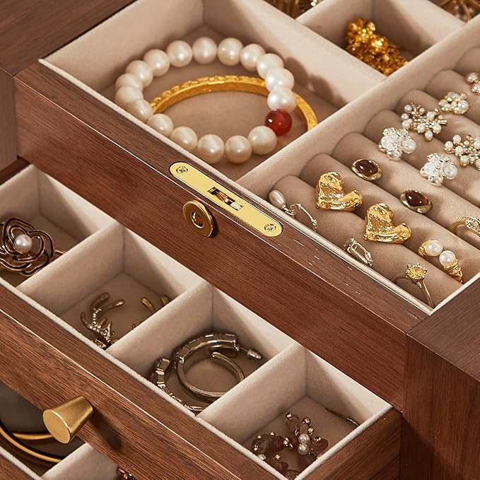Black Walnut Wooden Jewelry Box, Wood Jewelry Organizer with 2 Side Doors Mirror Lockable Classical Style for Watch Necklace Ring Earring Storage Mothers Day Gifts for Mom-5 Layer