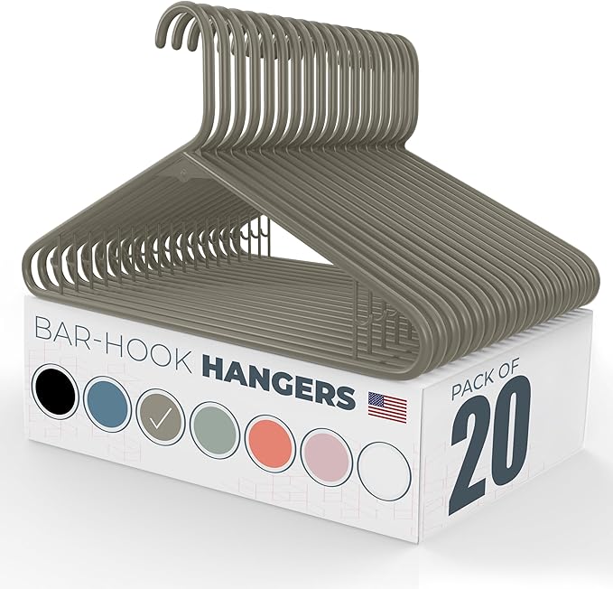 Neaties Plastic Hangers 20 Pack - Made in the USA - 6lb Capacity Standard Clothes Hangers with Strap Hooks for Dresses, Lingerie, Shirts, Pants, and Jackets - Gray