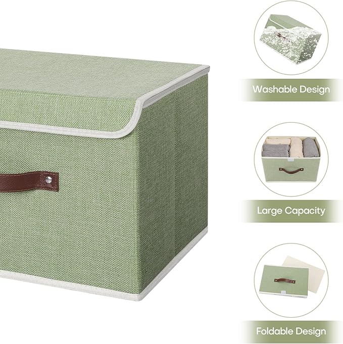 ANMINY 4PCS Storage Bin with Lid Storage Boxes with PU Leather Handles PP Plastic Board Decorative Foldable Lidded Cotton Linen Fabric Home Cubes Baskets Closet Organizer Container - Green, Medium