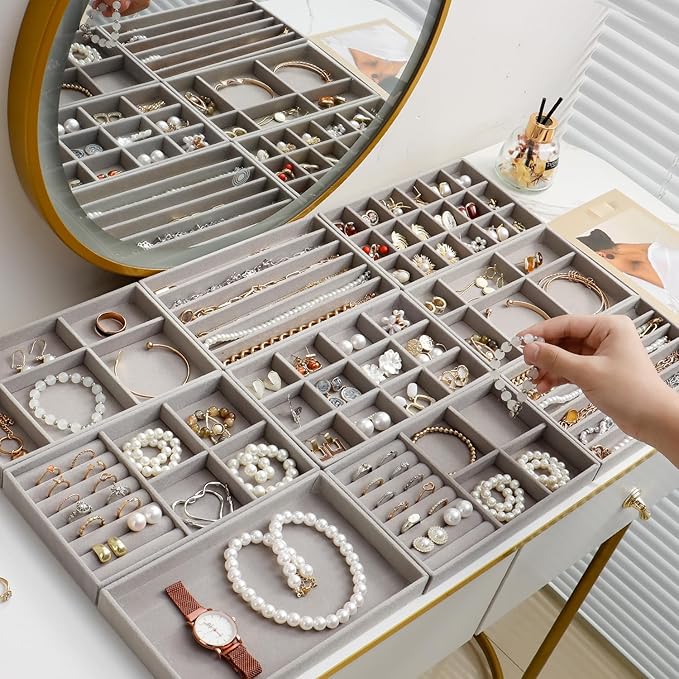 Stackable Jewelry Organizer Trays Set of 9, Small Velvet Jewelry Organizers Earring Necklace Ring Bracelet Display Case Storage for Drawer Dresser (Grey)