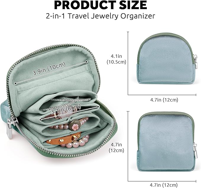 Small Travel Jewelry Case Set 2-in-1 Detachable Velvet Pouches, Portable Jewelry Organizer Bag for Rings Earrings Bracelets, Gift Box for Women (Mint Green)
