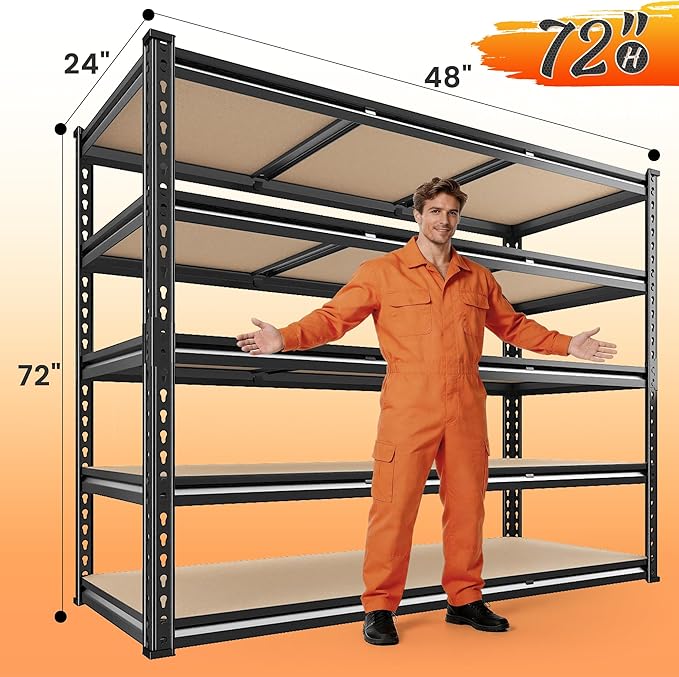 REIBII 48" W Garage Shelving 3080LBS Storage Shelves 5 Tier Heavy Duty Shelving Adjustable Garage Shelves for Basement, Warehouse, Commercial, Easy Assemble, 48" W x 72" H x 24" D, 2PC
