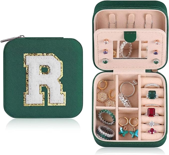 ETHOON Jewelry Travel Case Small Organizer Stocking Box Personalized Gifts Teenage Jewelry Accessories Holiday Christmas Gift for Women Green, Letter R