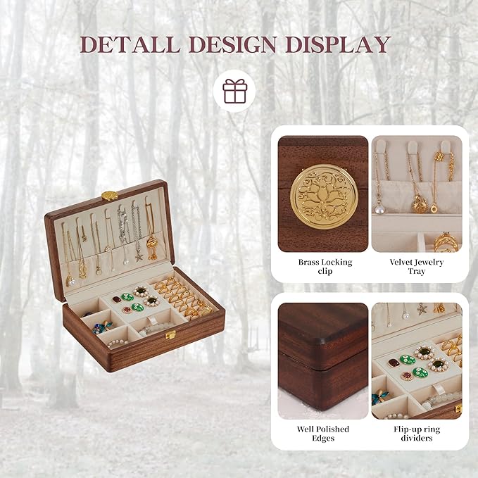 Travel Jewelry Case Small Wood Jewelry Organizer Jewelry Box for Women (Single Nut-Brown A)
