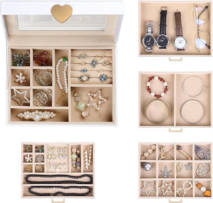 Kendal Jewelry Box, 5-Layer Jewelry Organizer Box with Glass Lid, Brass Gold and White, Heart Shaped PU Leather, Storage Box for Necklace Earrings Rings Bracelets, Gift Idea for Girls LJC4DRWH