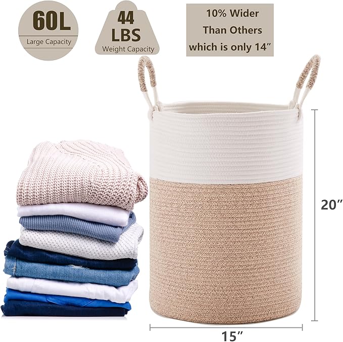 60L Laundry Hamper Basket Tall Woven Cotton Rope Clothes Hamper for Baby Girls Nursery Kids Blanket Basket in Living Room Bathroom Bedroom Brown 15Dx20H Inches Large