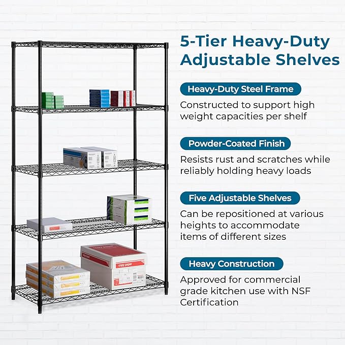 Honey-Can-Do 5-Tier Heavy Duty Adjustable Shelving Unit, 800-lb Per Shelf Metal Storage Rack, Industrial Strength Wire Shelf for Garage Workshop Warehouse, Black, 42 x 18 x 72 in