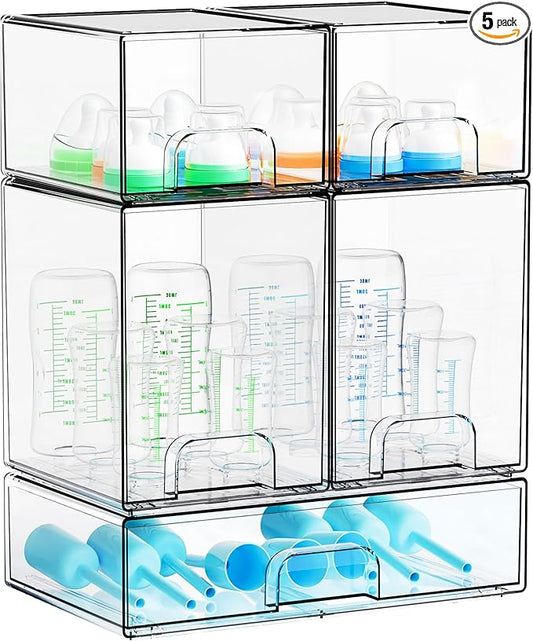 Yieach 5 Set Clear Baby Bottle Organizer for Countertop,BPA FREE Bottle Station Organizer for Breast Pump Parts,Pacifier and Baby Accessories,Stackable Drawers for Bathroom,Cabinet,Pantry Organization