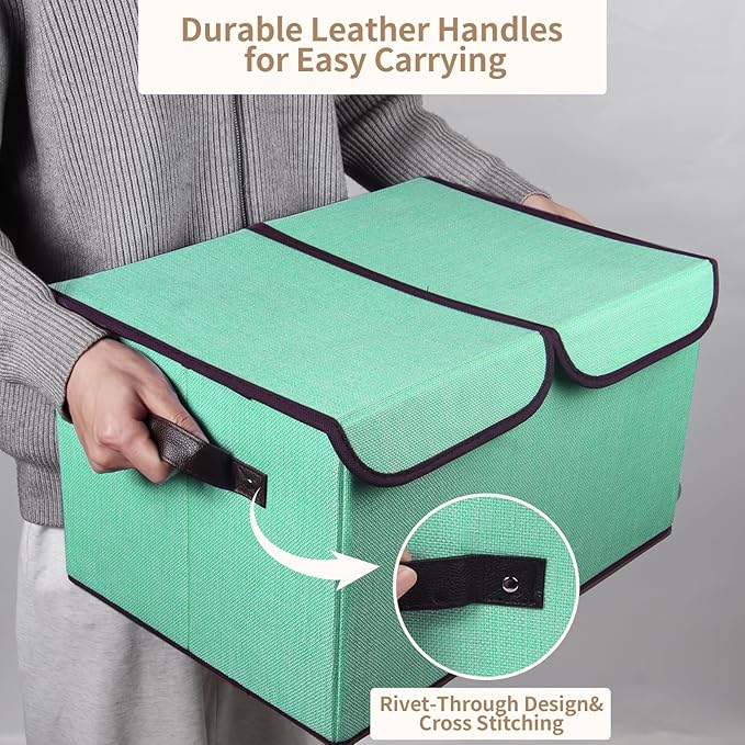 Foldable Fabric Storage Box, 16.5 x 11.8 x 9.8 inches (L x W x H), with Double-Lid & Dividers, Large Organizer for Home, Closet, Office(Green, 1 Pack)