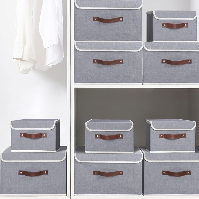 ANMINY Storage Bin with Lid Storage Boxes with PU Leather Handles PP Plastic Board Decorative Foldable Lidded Cotton Linen Fabric Home Cubes Baskets Closet Organizer Container - Gray, Medium