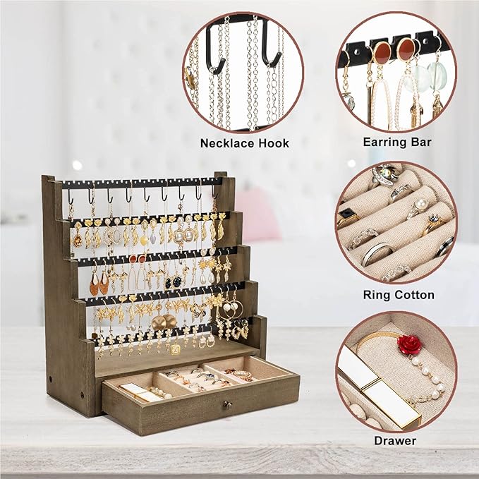 Pinzoveco Earring Organizer, 5 Layer Earring Holder Organizer with Necklace Holder Pole, Rustic Wood Jewelry Organizer Stand Display for Stud Earring Bracelet Necklace Ring, 175 Earring Holes